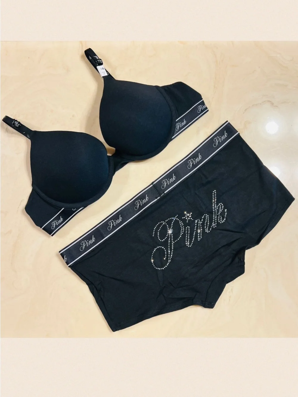 PINK VICTORIA’S SECRET Black Push-Up Bra & Cotton Boyshort Diamante Logo 36B